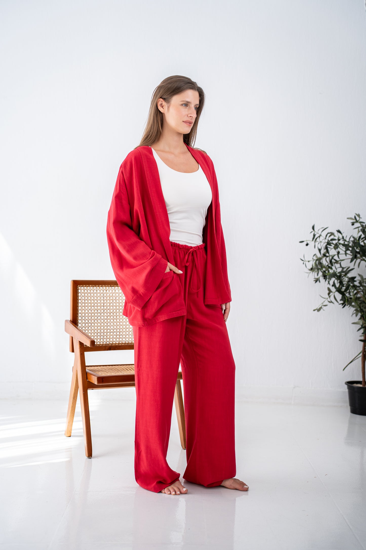 Red linen cardigan