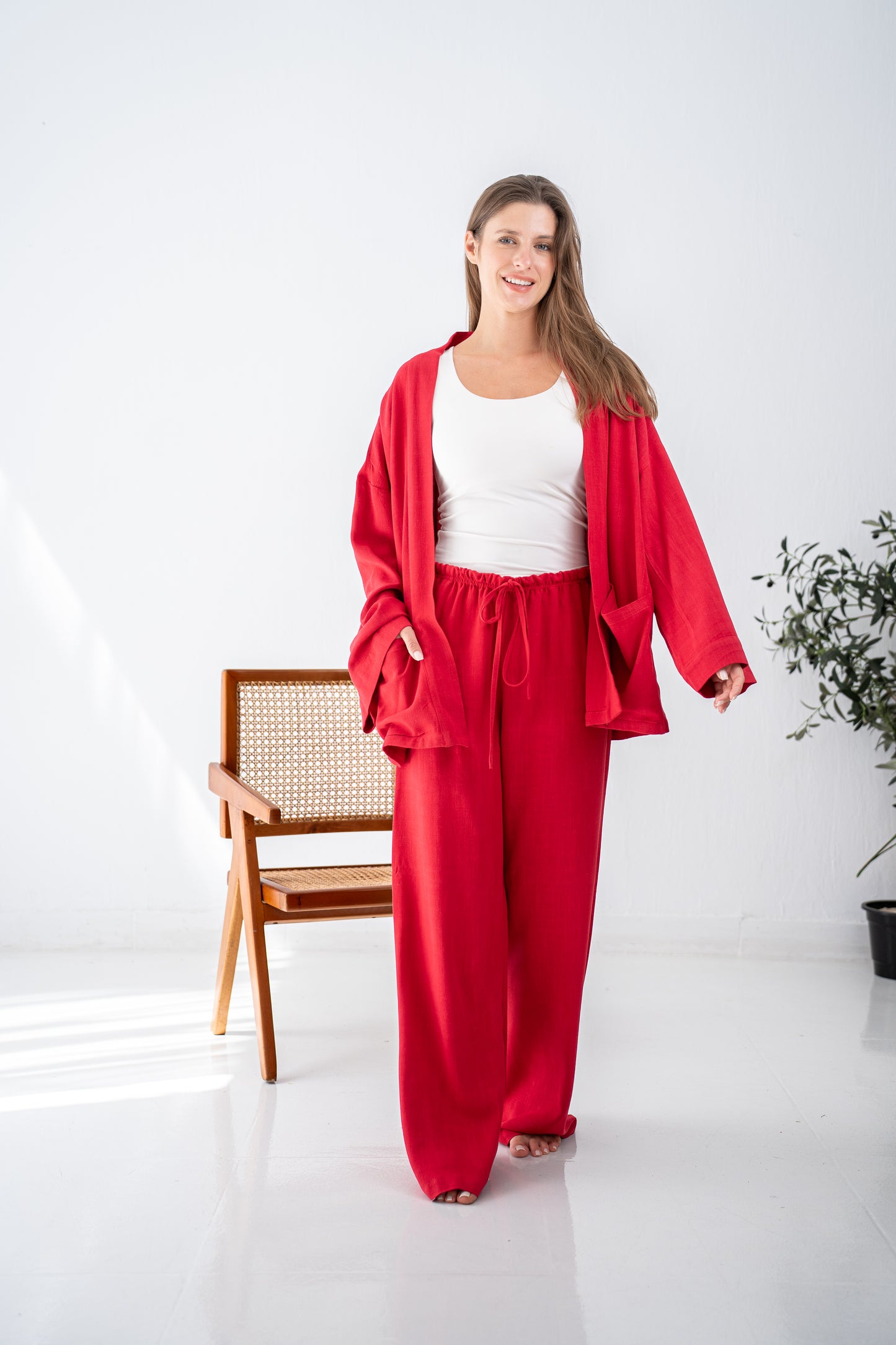 Red linen cardigan