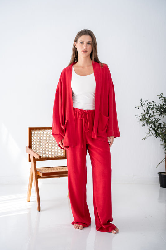 Red linen cardigan